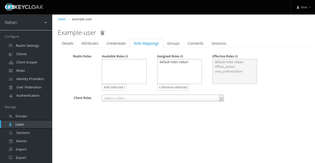 Keycloak user role mapping tab